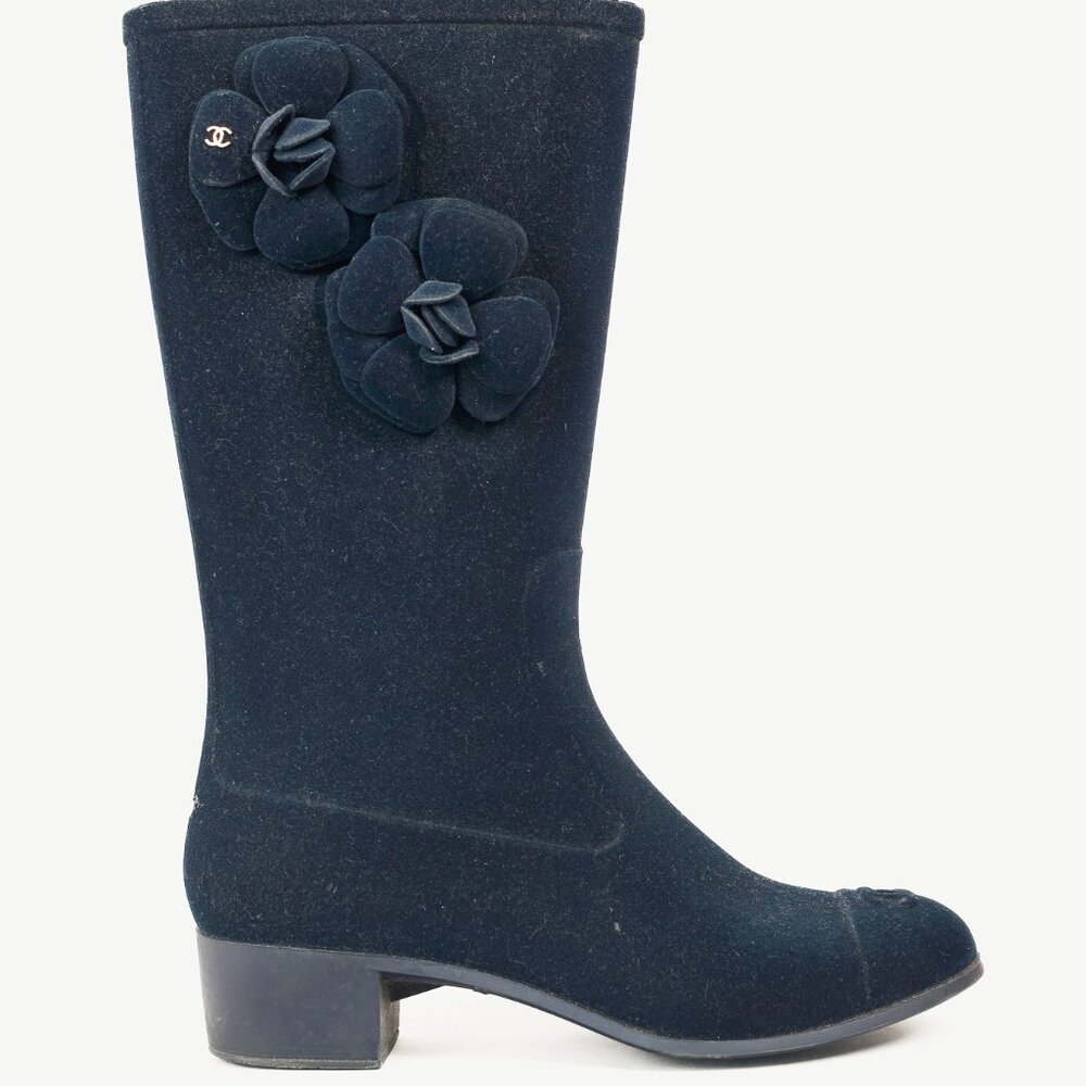 Chanel 11A Navy Velvet Camellia Rubber Rain Boots